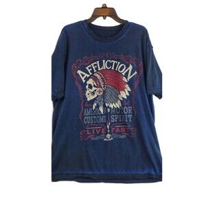 Affliction T Shirt Mens  Blue REVERSIBLE Short Sleeve Chief Skull Flag Sz 3XL